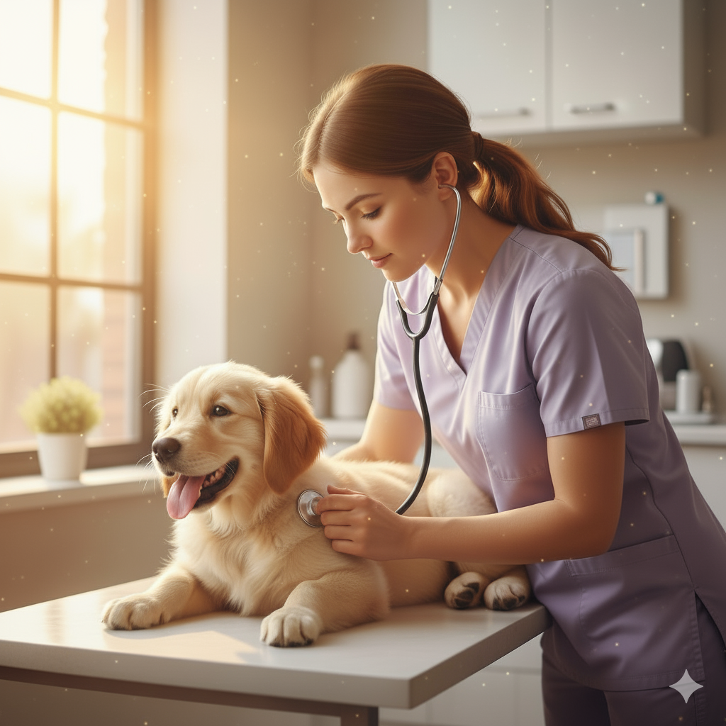 A veterinarian caring for a pet